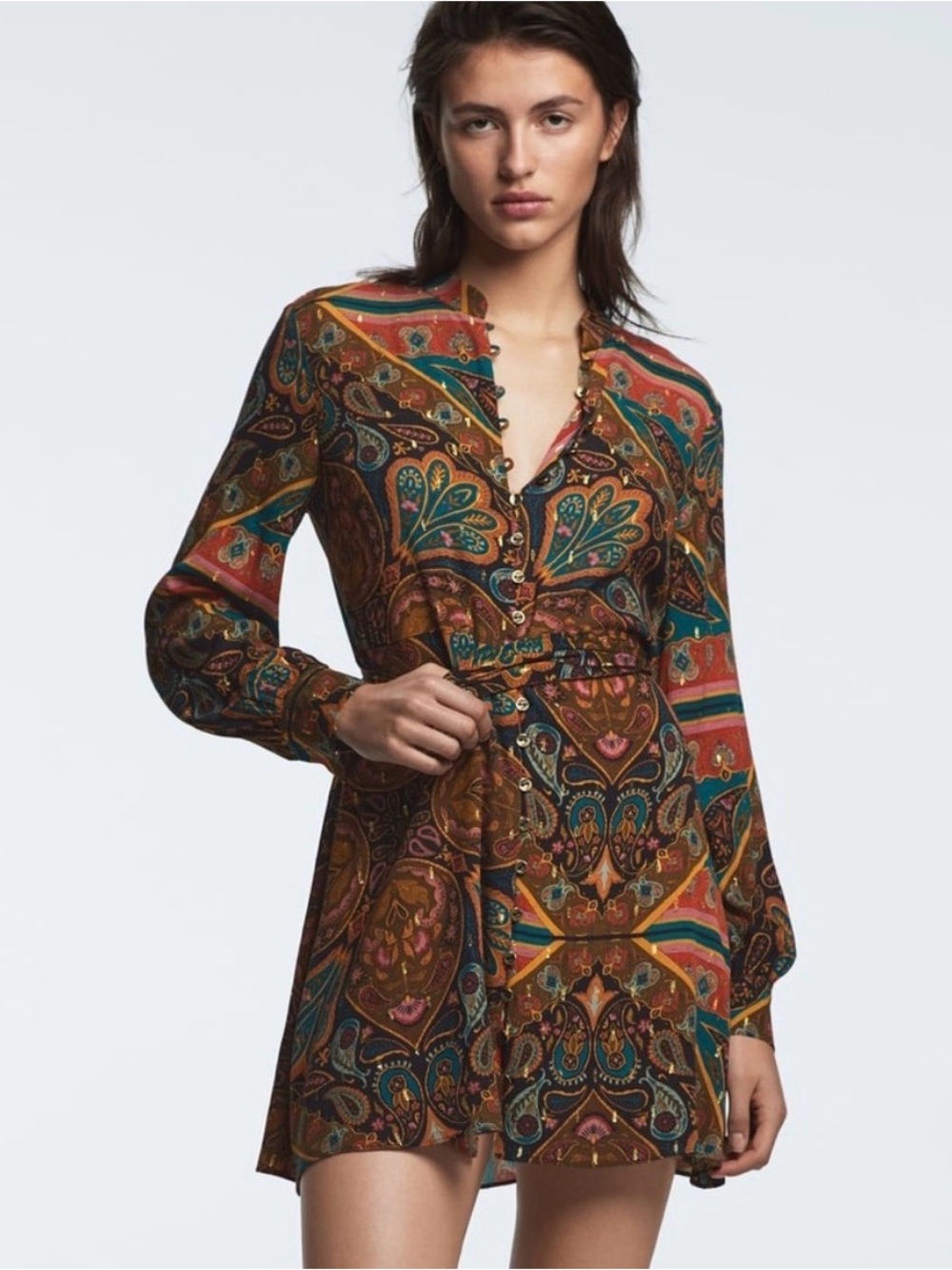 Zara Paisley Long-Sleeve Mini Dress in Brown, Teal and Rust